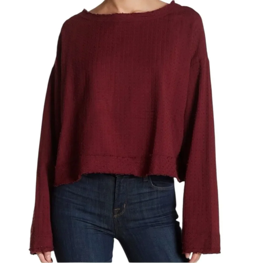 Free People Walking in Hueco Back Tie Burgundy Long Sleeve Top size xsmall